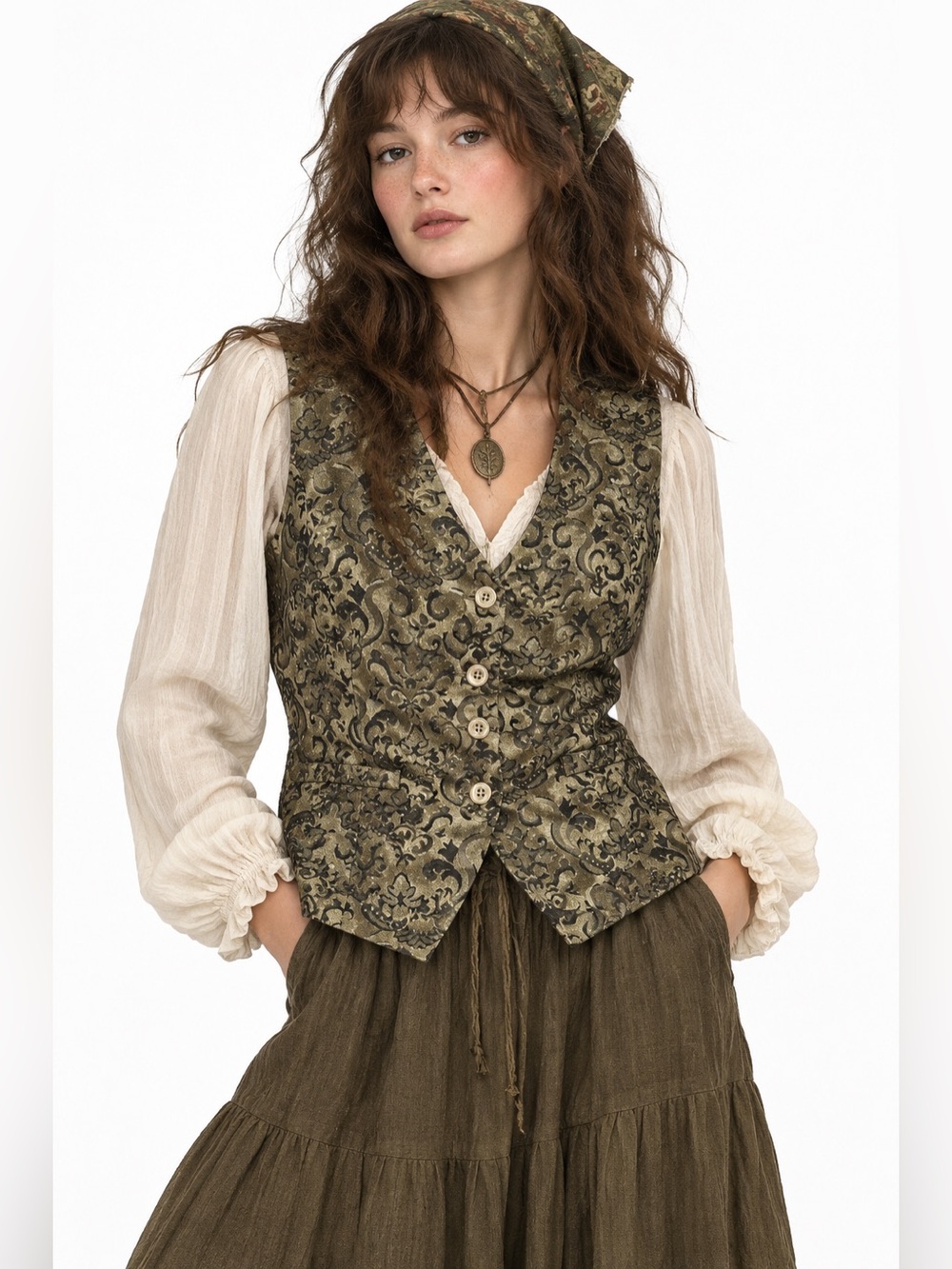 Goblincore Satin Brocade Vest Olive Earthy Piratecore Hobbit Ren Fair Tapestry